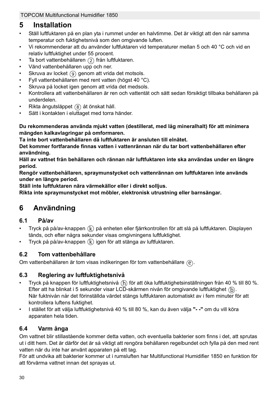 5installation, 6användning | Topcom 1850 User Manual | Page 30 / 92