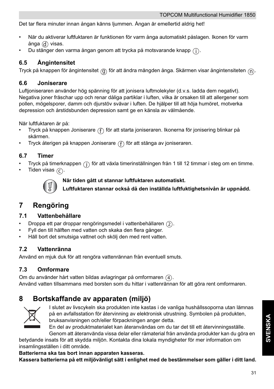 7rengöring, 8bortskaffande av apparaten (miljö) | Topcom 1850 User Manual | Page 31 / 92