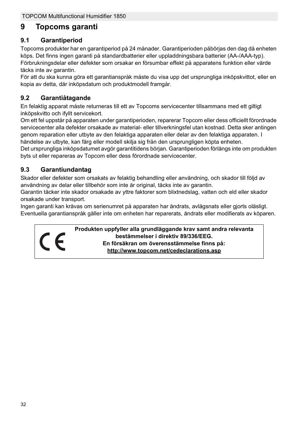 9topcoms garanti | Topcom 1850 User Manual | Page 32 / 92