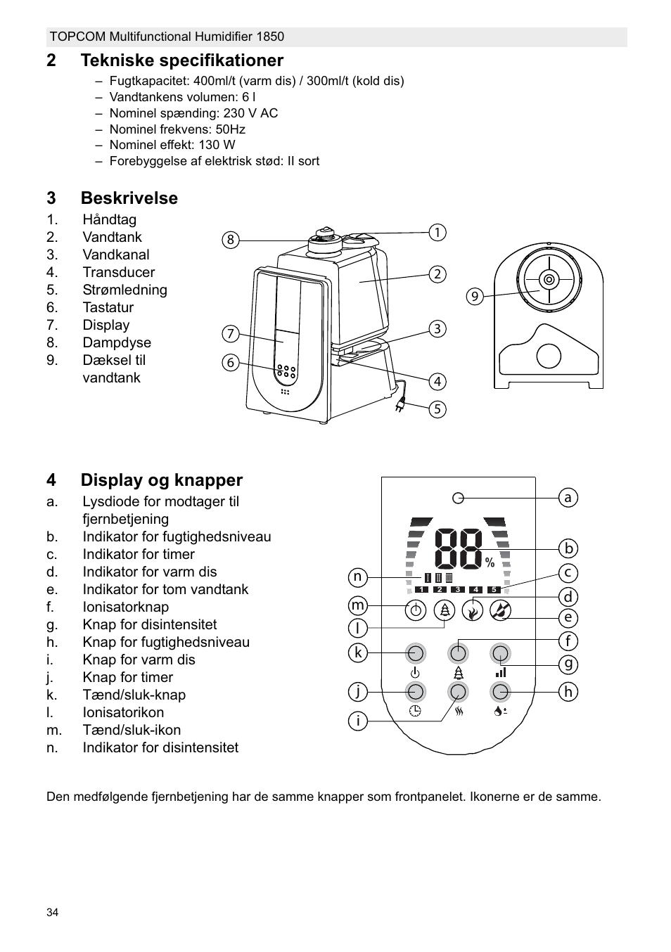 2tekniske specifikationer, 3beskrivelse, 4display og knapper | Topcom 1850 User Manual | Page 34 / 92