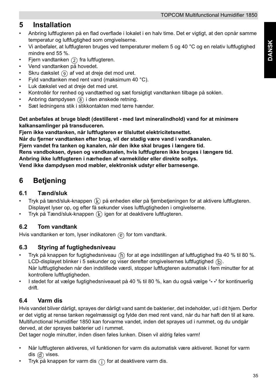 5installation, 6betjening | Topcom 1850 User Manual | Page 35 / 92
