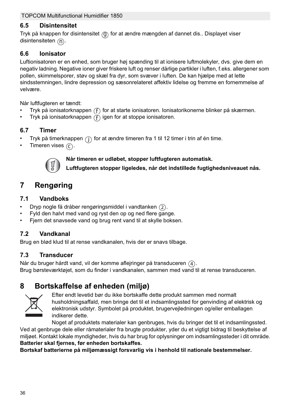 7rengøring, 8bortskaffelse af enheden (miljø) | Topcom 1850 User Manual | Page 36 / 92