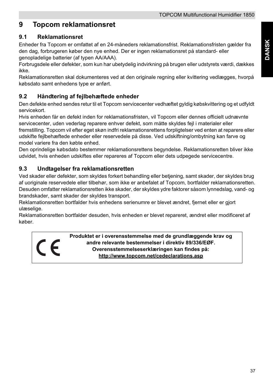 9topcom reklamationsret | Topcom 1850 User Manual | Page 37 / 92