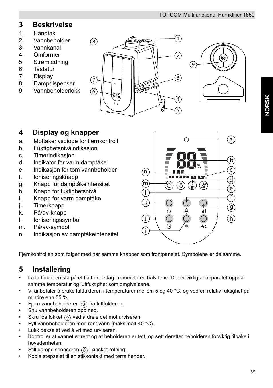 3beskrivelse, 4display og knapper, 5installering | Topcom 1850 User Manual | Page 39 / 92