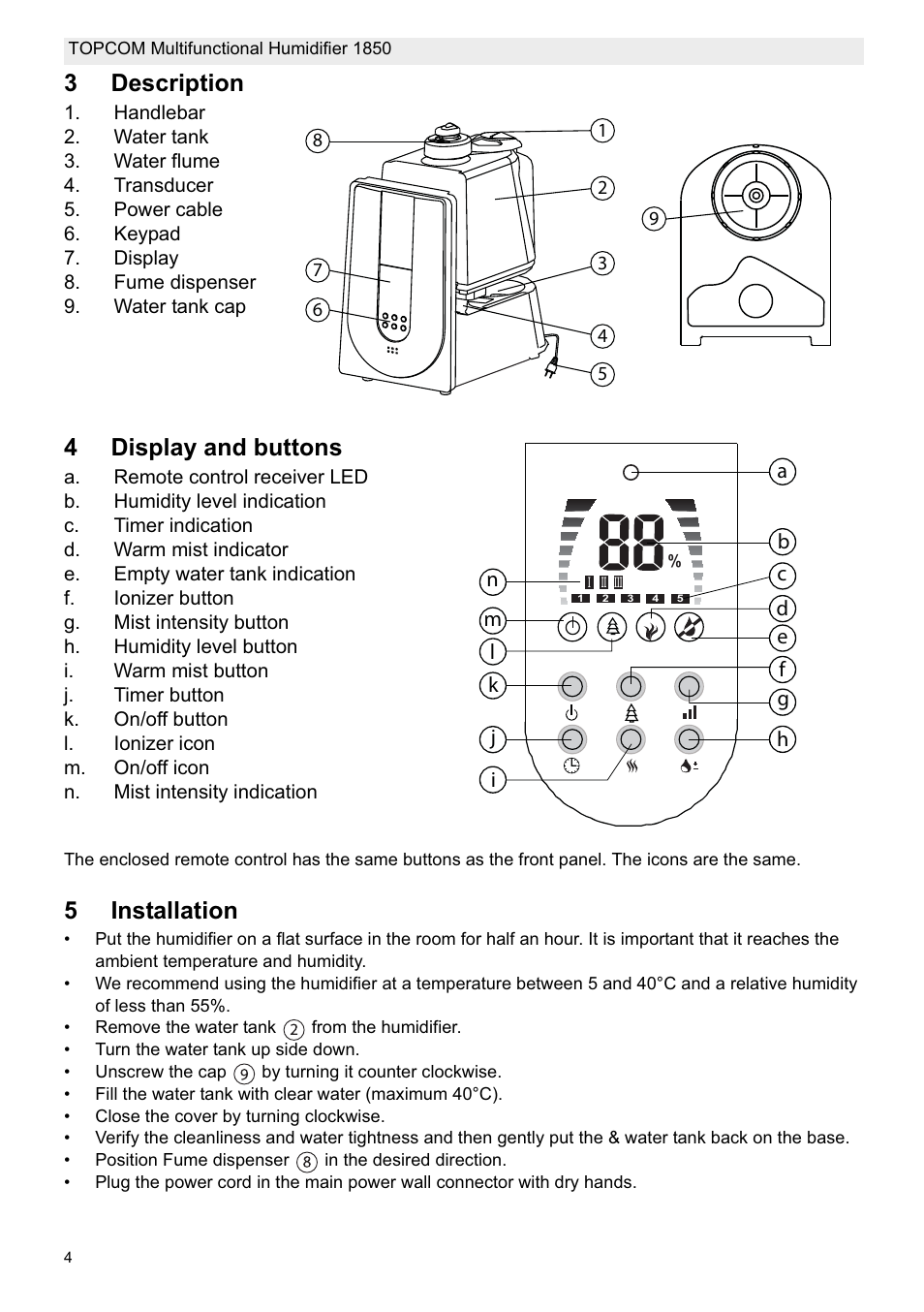 3description, 4display and buttons, 5installation | Topcom 1850 User Manual | Page 4 / 92