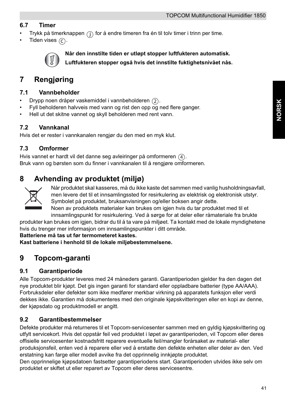 7rengjøring, 8avhending av produktet (miljø), 9topcom-garanti | Topcom 1850 User Manual | Page 41 / 92
