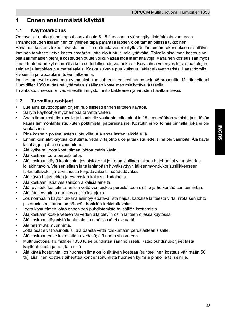 1ennen ensimmäistä käyttöä | Topcom 1850 User Manual | Page 43 / 92