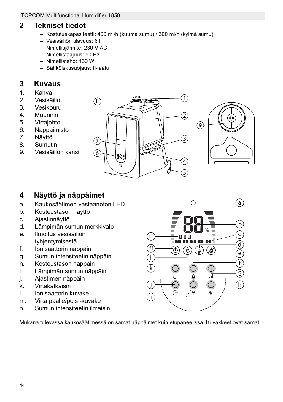 2tekniset tiedot, 3kuvaus, 4näyttö ja näppäimet | Topcom 1850 User Manual | Page 44 / 92