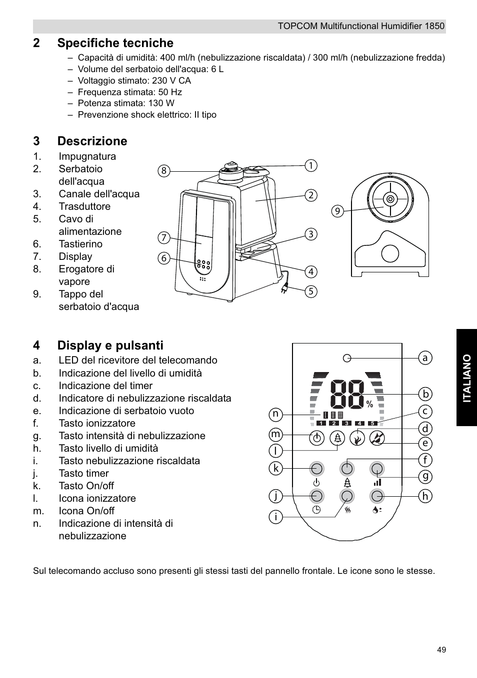 2specifiche tecniche, 3descrizione, 4display e pulsanti | Topcom 1850 User Manual | Page 49 / 92