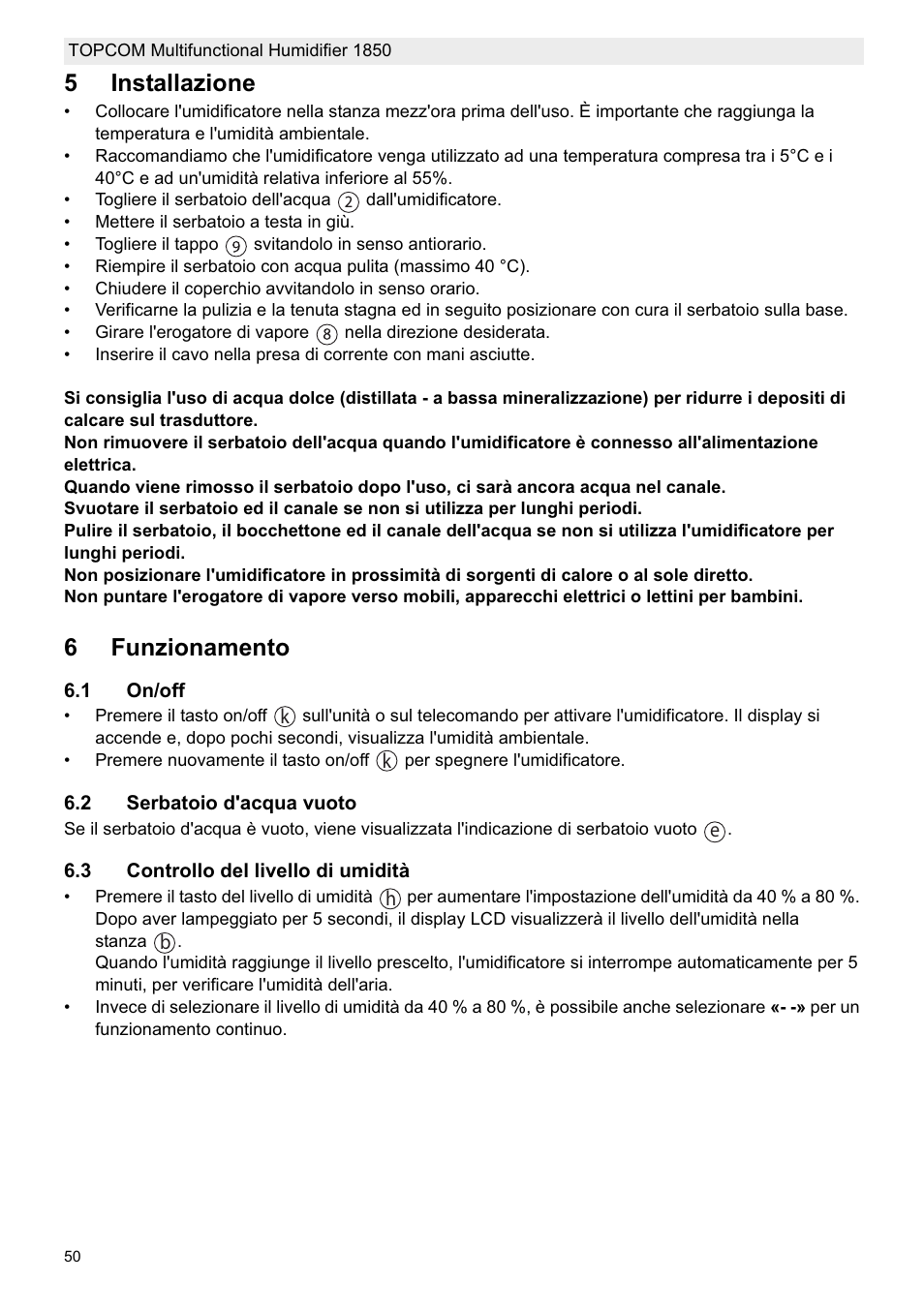 5installazione, 6funzionamento | Topcom 1850 User Manual | Page 50 / 92