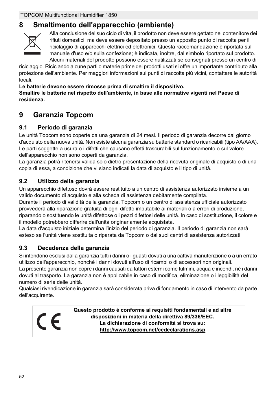 8smaltimento dell'apparecchio (ambiente), 9garanzia topcom | Topcom 1850 User Manual | Page 52 / 92