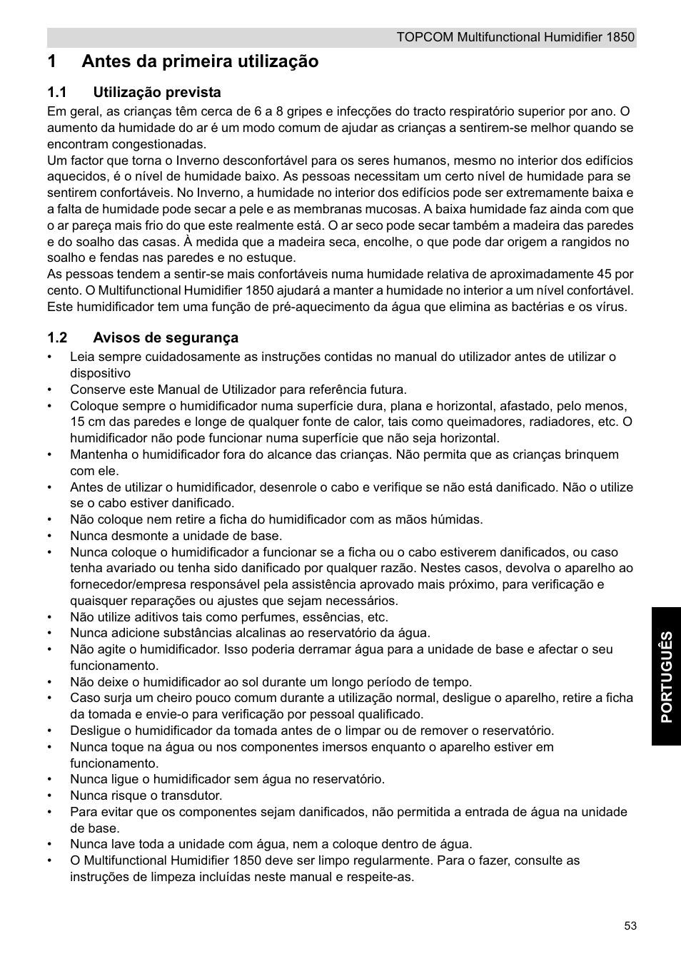 1antes da primeira utilização | Topcom 1850 User Manual | Page 53 / 92