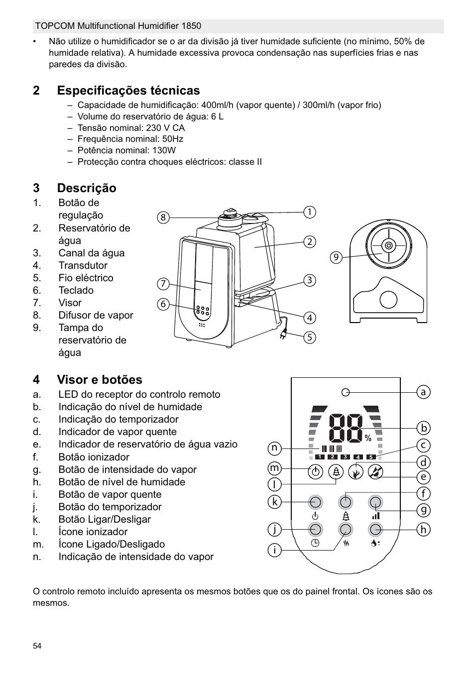 2especificações técnicas, 3descrição, 4visor e botões | Topcom 1850 User Manual | Page 54 / 92