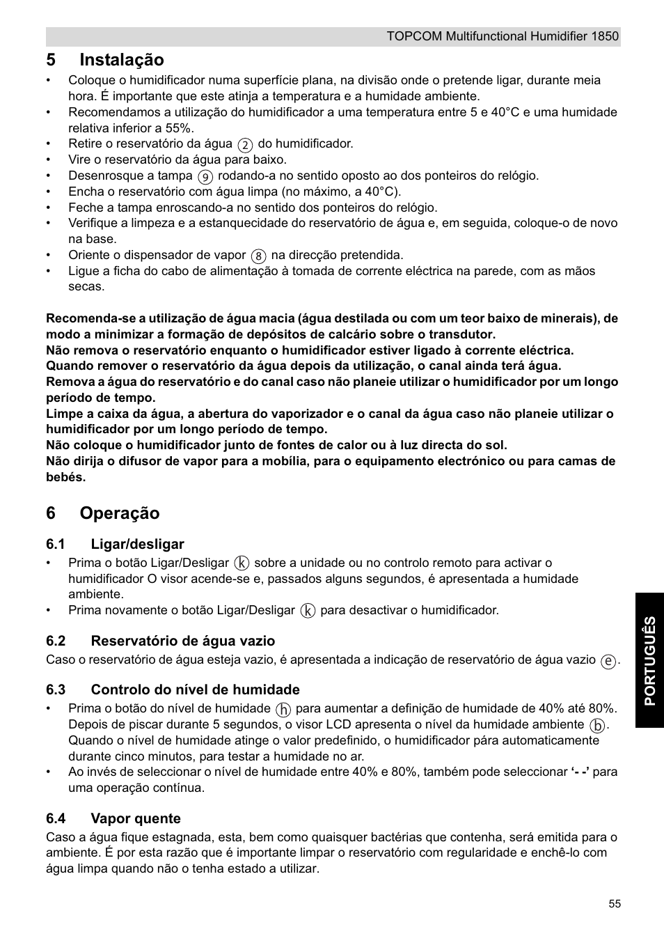 5instalação, 6operação | Topcom 1850 User Manual | Page 55 / 92