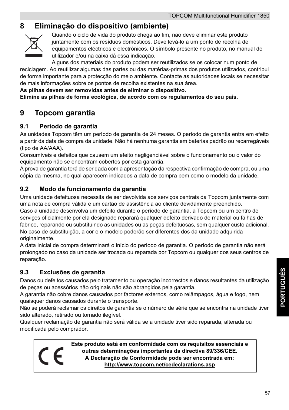8eliminação do dispositivo (ambiente), 9topcom garantia | Topcom 1850 User Manual | Page 57 / 92