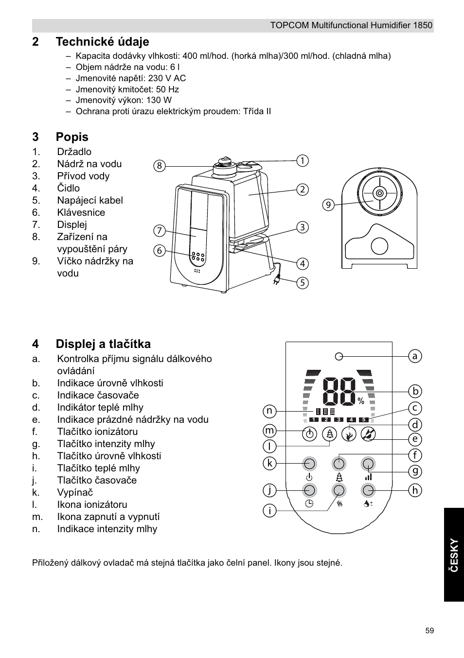 2technické údaje, 3popis, 4displej a tlaþítka | Topcom 1850 User Manual | Page 59 / 92