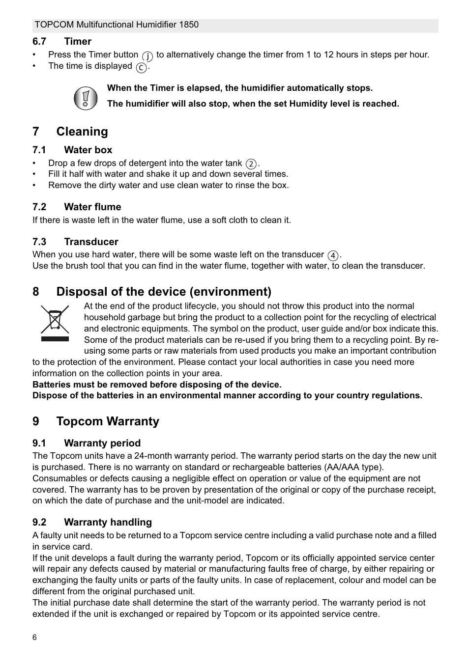 7cleaning, 8disposal of the device (environment), 9topcom warranty | Topcom 1850 User Manual | Page 6 / 92