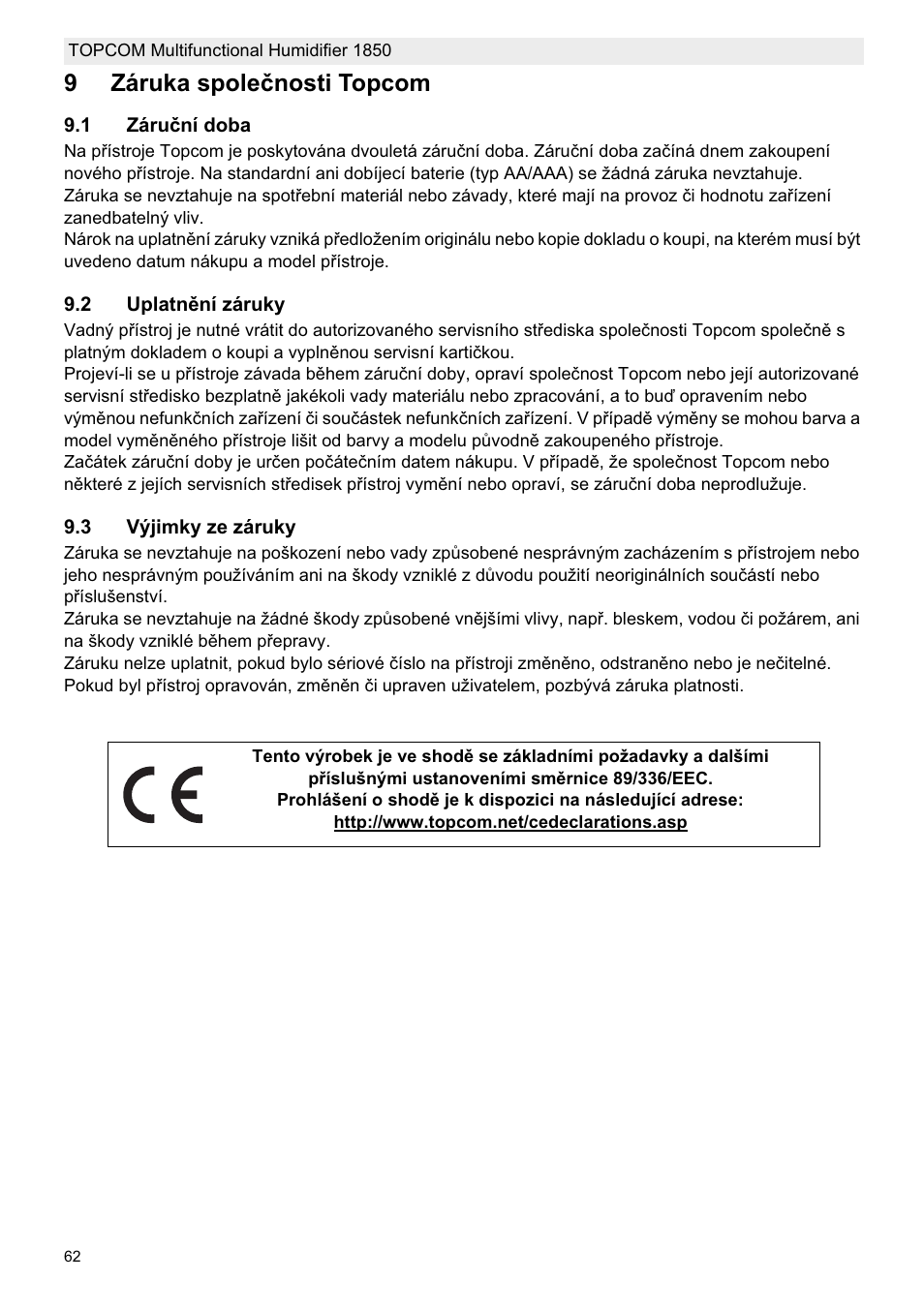 9záruka spoleþnosti topcom | Topcom 1850 User Manual | Page 62 / 92