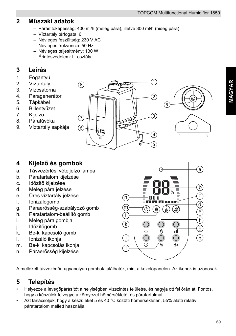 2mħszaki adatok, 3leírás, 4kijelzę és gombok | 5telepítés | Topcom 1850 User Manual | Page 69 / 92