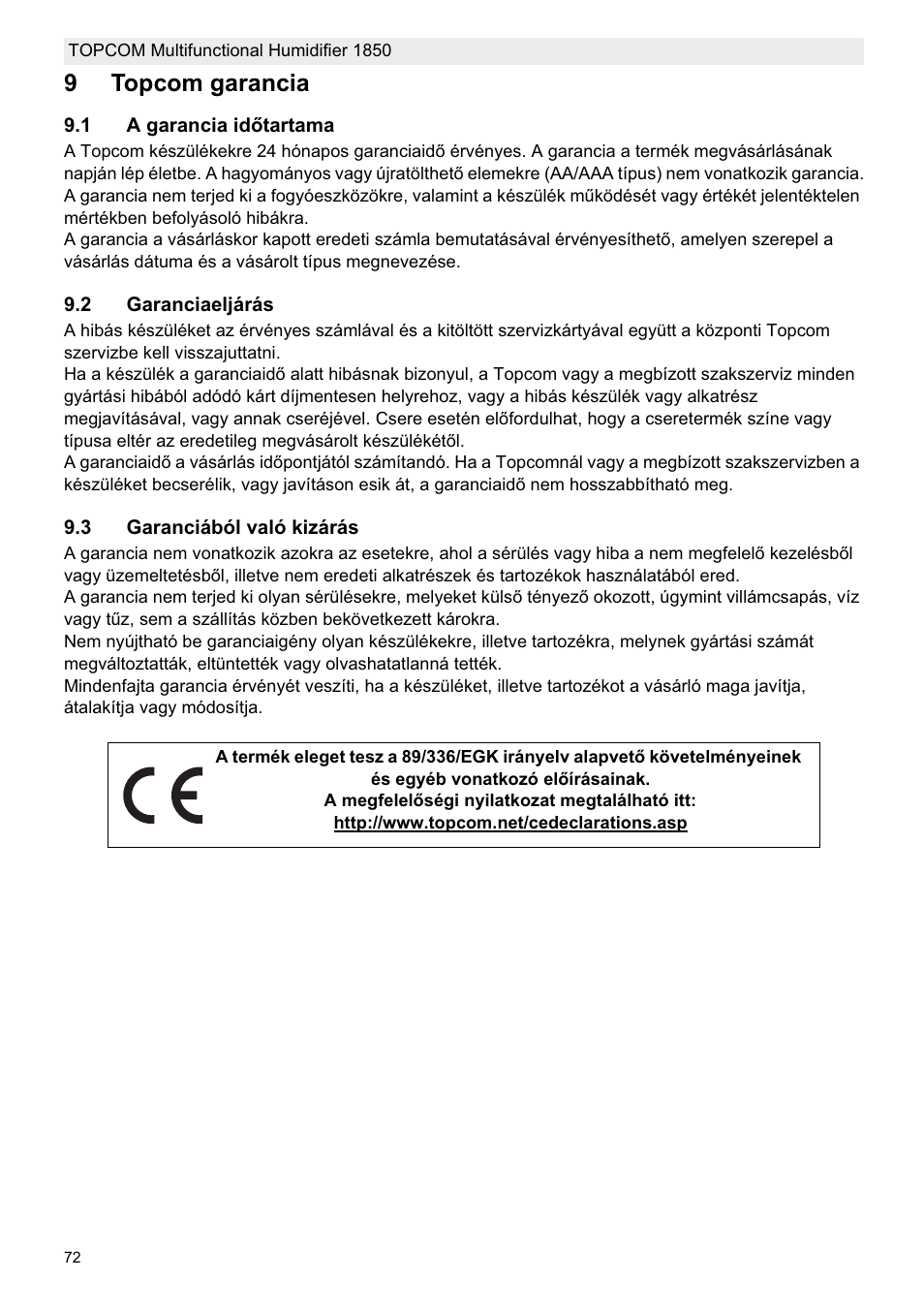 9topcom garancia | Topcom 1850 User Manual | Page 72 / 92