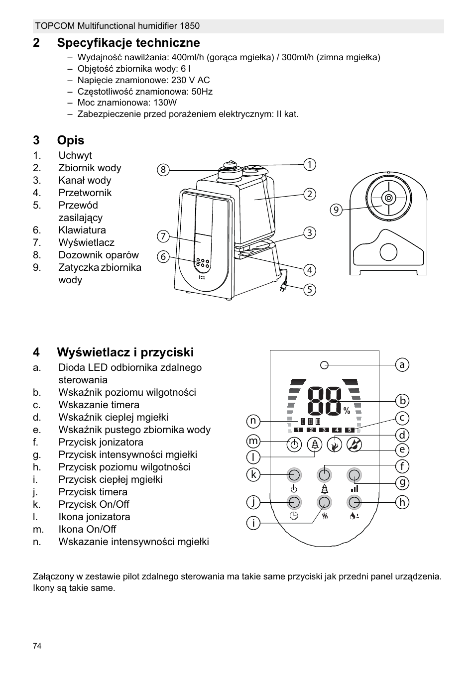 2specyfikacje techniczne, 3opis, 4wyğwietlacz i przyciski | Topcom 1850 User Manual | Page 74 / 92