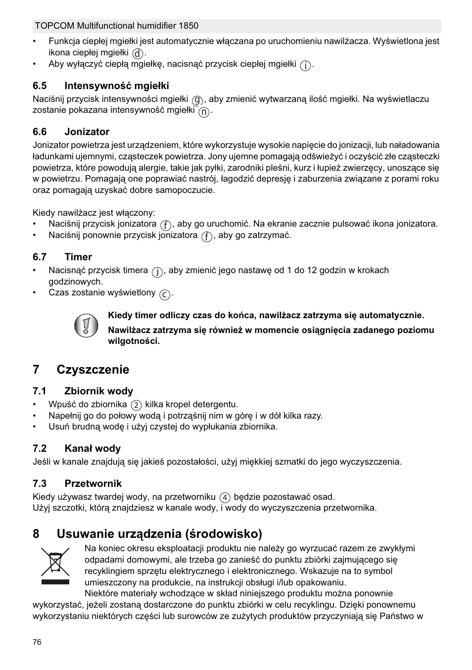 7czyszczenie, 8usuwanie urządzenia (ğrodowisko) | Topcom 1850 User Manual | Page 76 / 92