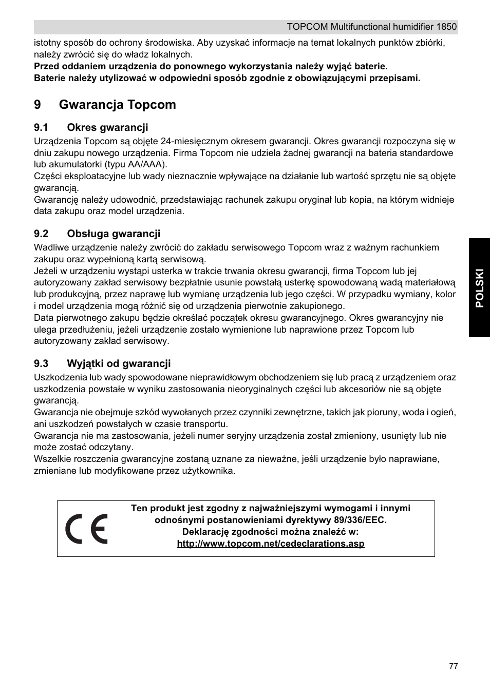 9gwarancja topcom | Topcom 1850 User Manual | Page 77 / 92