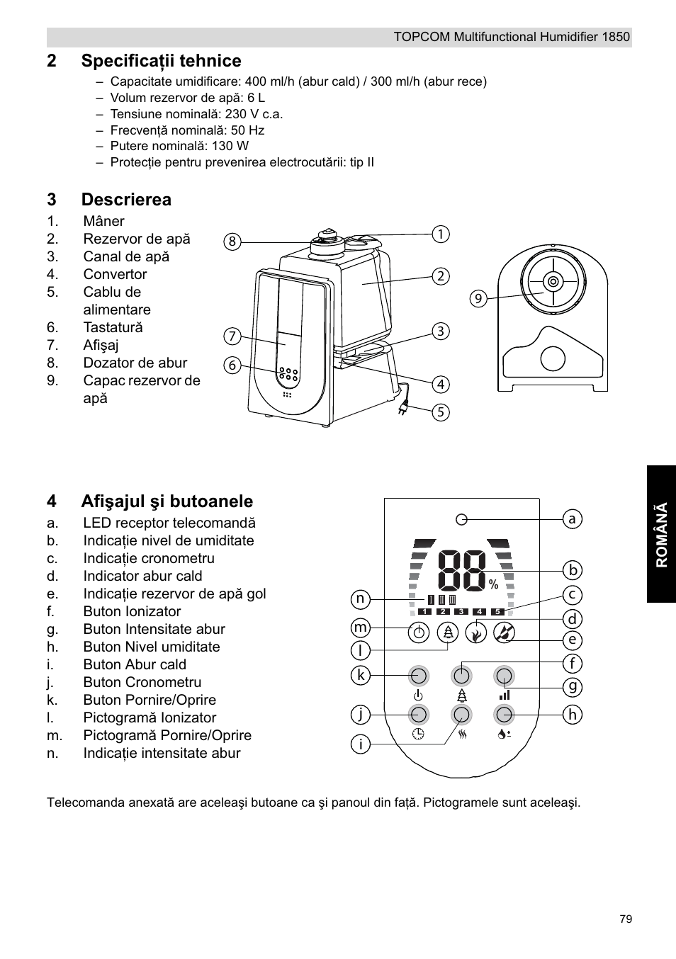 2specificaġii tehnice, 3descrierea, 4afiúajul úi butoanele | Topcom 1850 User Manual | Page 79 / 92