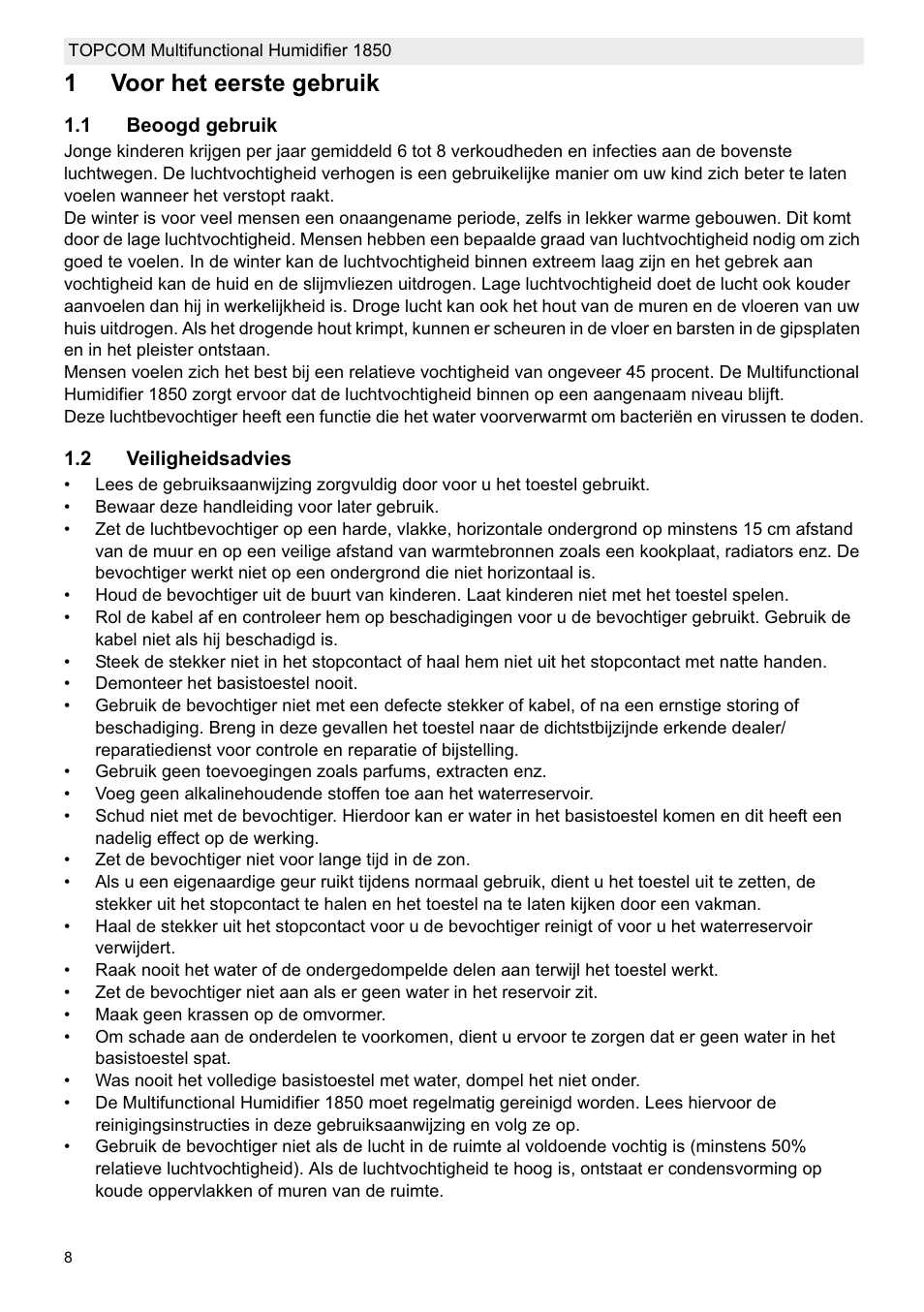 1voor het eerste gebruik | Topcom 1850 User Manual | Page 8 / 92