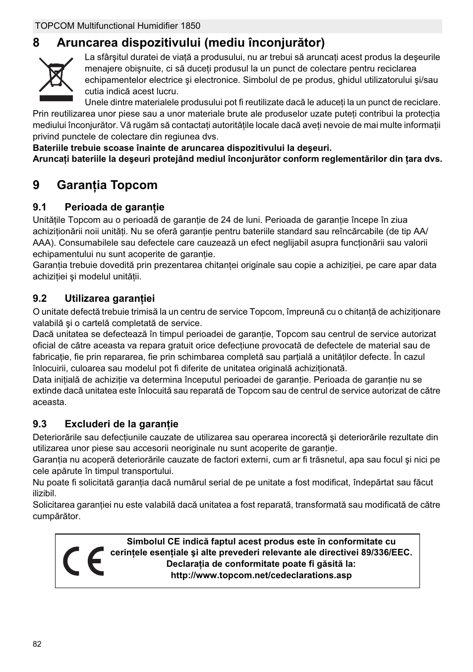 8aruncarea dispozitivului (mediu înconjurător), 9garanġia topcom | Topcom 1850 User Manual | Page 82 / 92