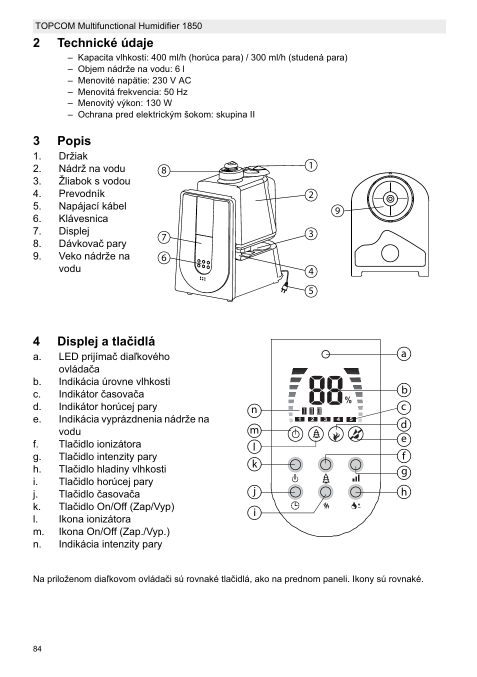 2technické údaje, 3popis, 4displej a tlaþidlá | Topcom 1850 User Manual | Page 84 / 92