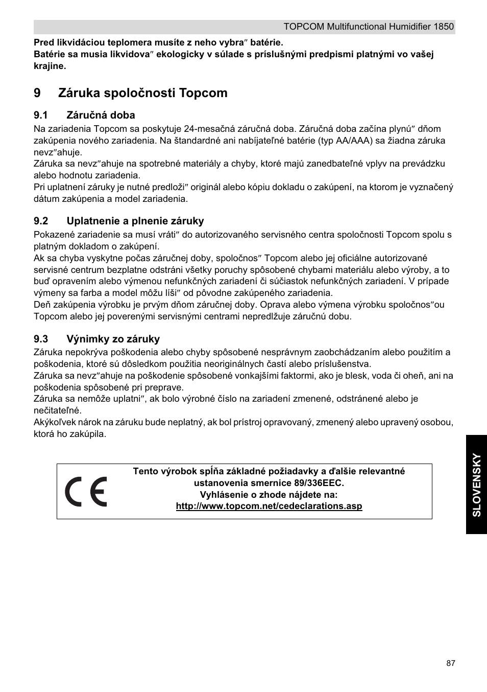 9záruka spoloþnosti topcom | Topcom 1850 User Manual | Page 87 / 92