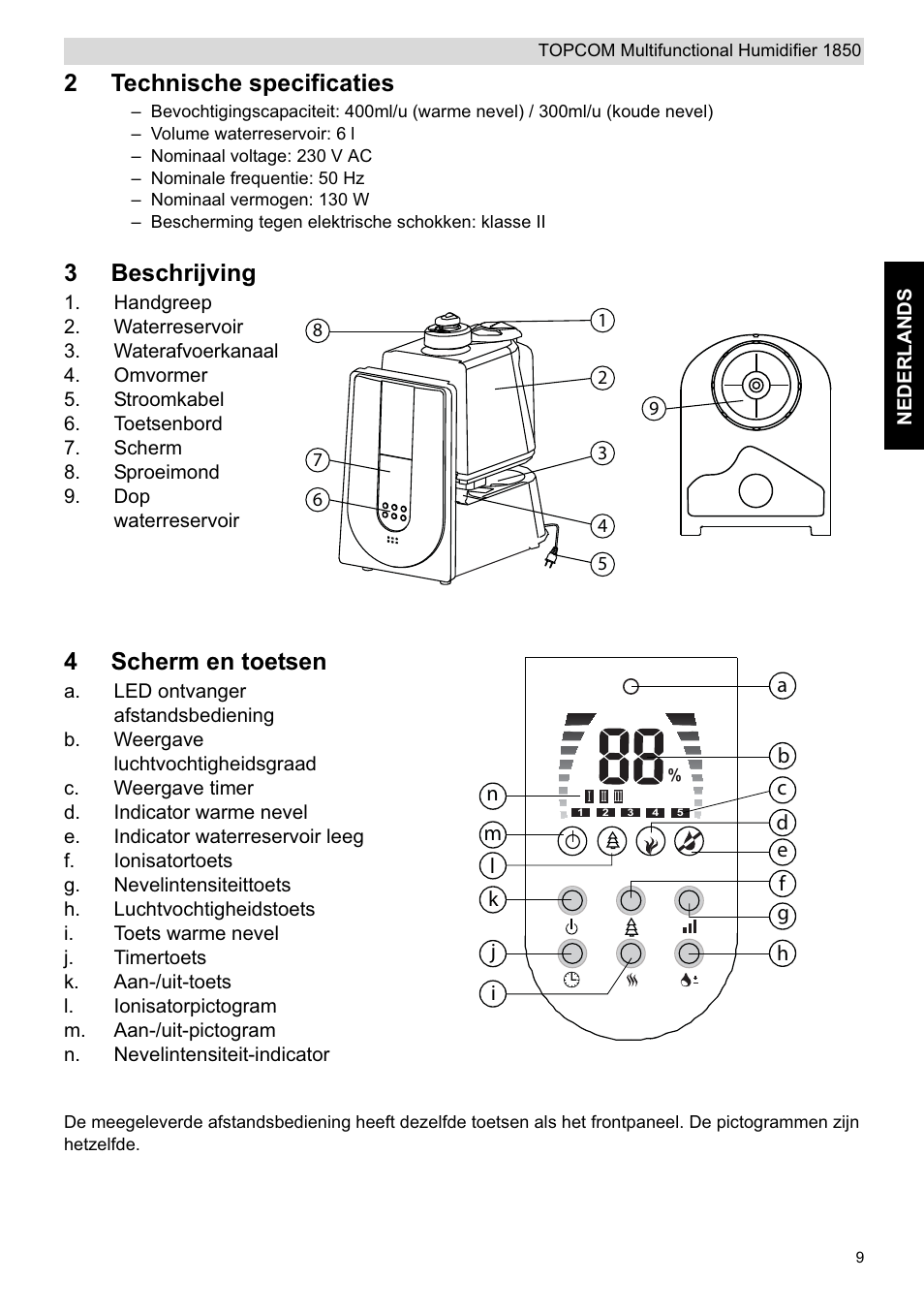 2technische specificaties, 3beschrijving, 4scherm en toetsen | Topcom 1850 User Manual | Page 9 / 92