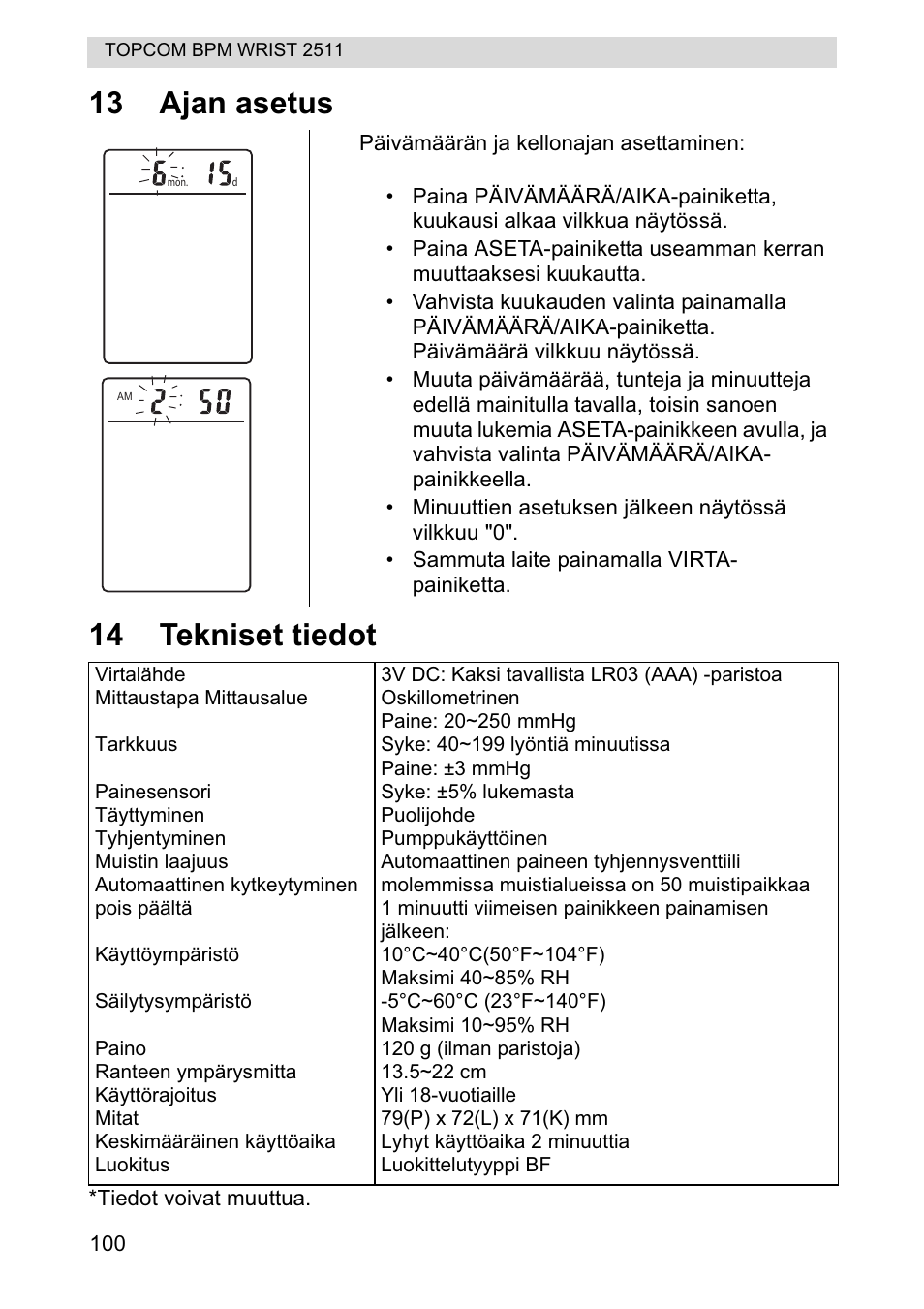 13 ajan asetus 14 tekniset tiedot | Topcom BPM WRIST 2511 User Manual | Page 100 / 104