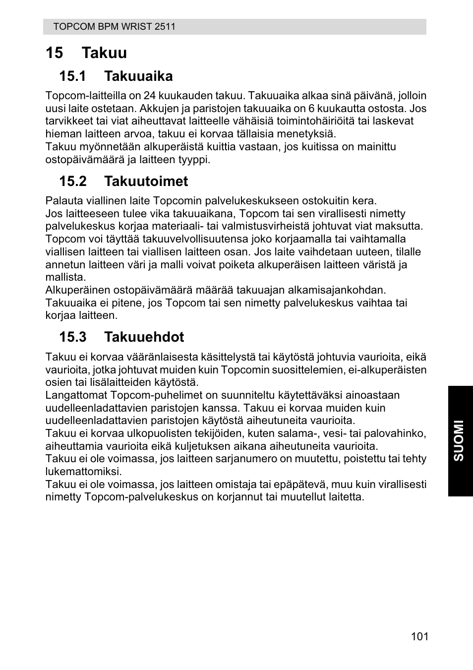 15 takuu | Topcom BPM WRIST 2511 User Manual | Page 101 / 104