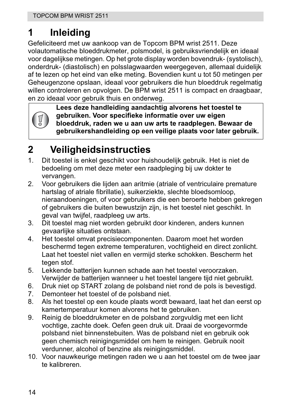 1inleiding, 2veiligheidsinstructies | Topcom BPM WRIST 2511 User Manual | Page 14 / 104
