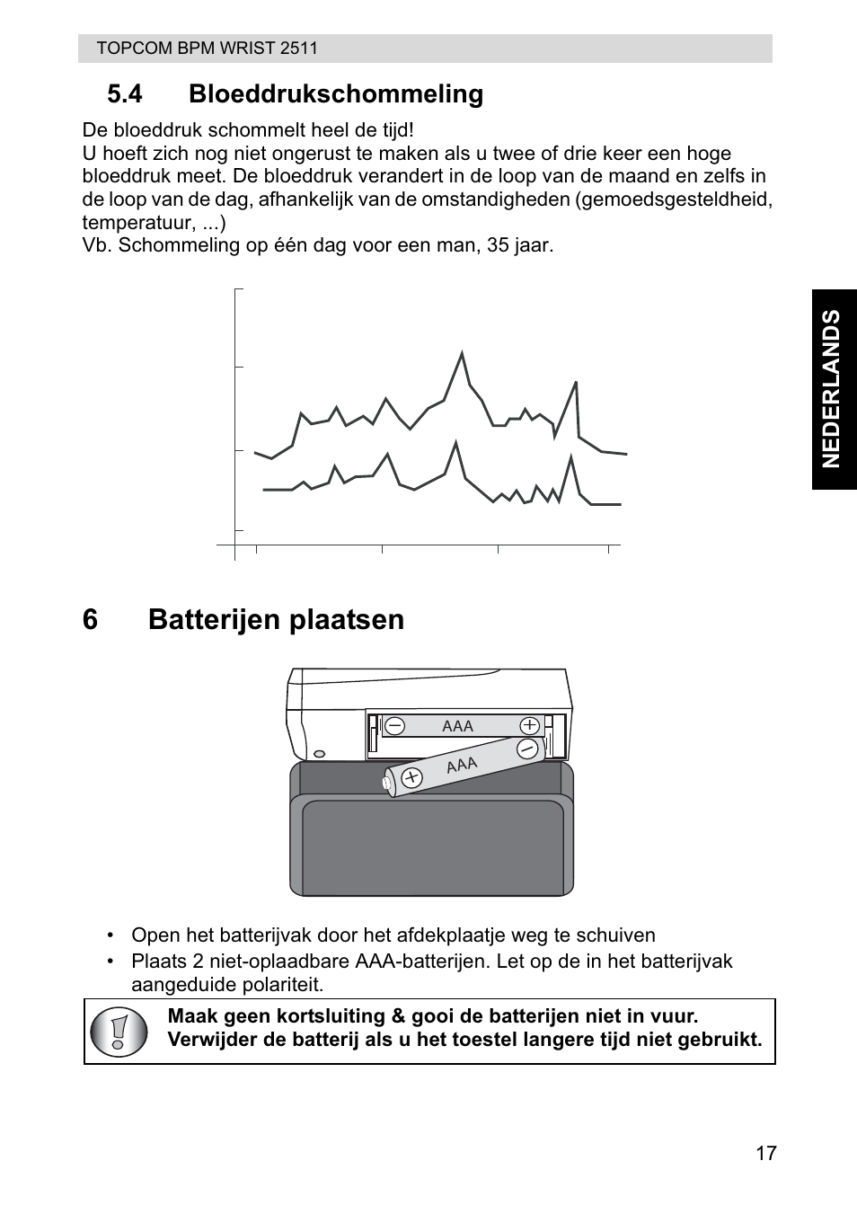 6batterijen plaatsen, 4 bloeddrukschommeling, Ne d e rlan ds | Topcom BPM WRIST 2511 User Manual | Page 17 / 104