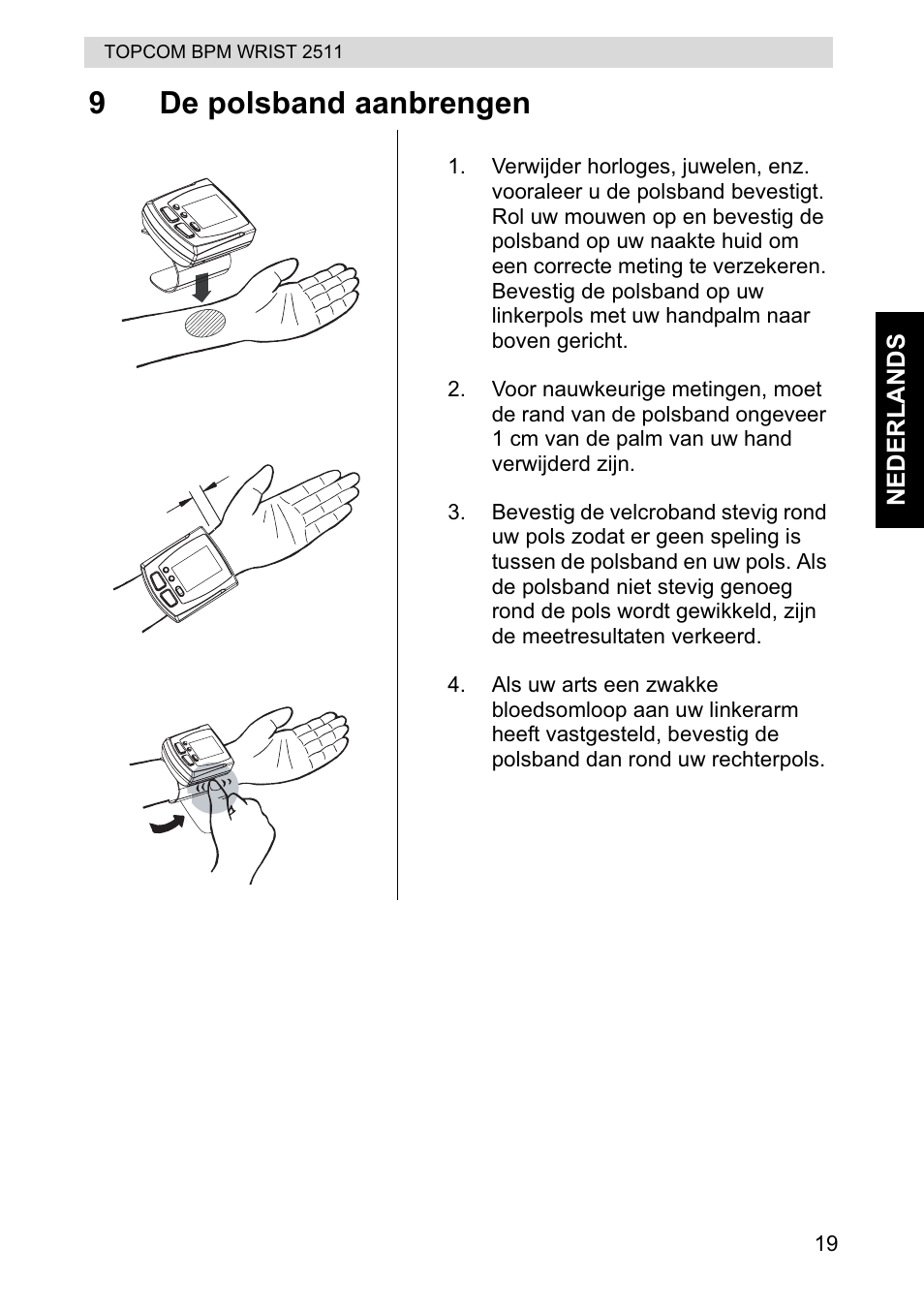 9de polsband aanbrengen | Topcom BPM WRIST 2511 User Manual | Page 19 / 104