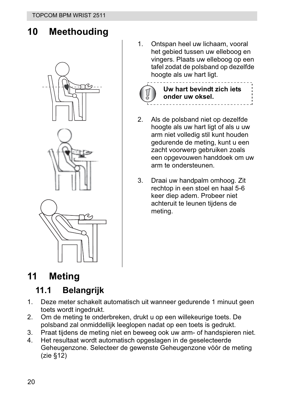 10 meethouding 11 meting | Topcom BPM WRIST 2511 User Manual | Page 20 / 104