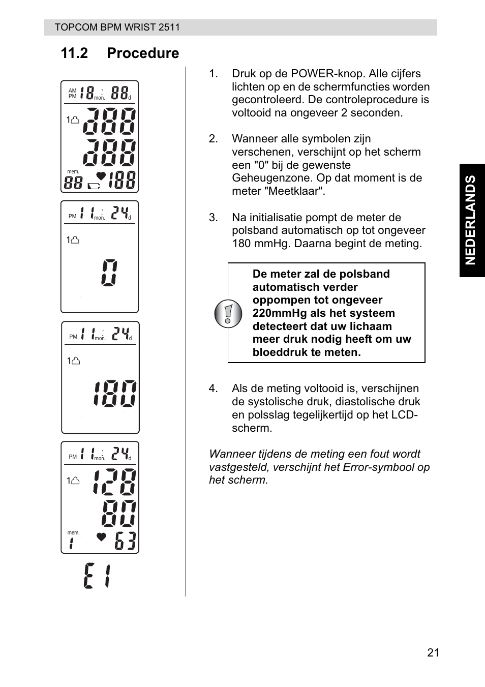 2 procedure, Ne d e rlan ds | Topcom BPM WRIST 2511 User Manual | Page 21 / 104