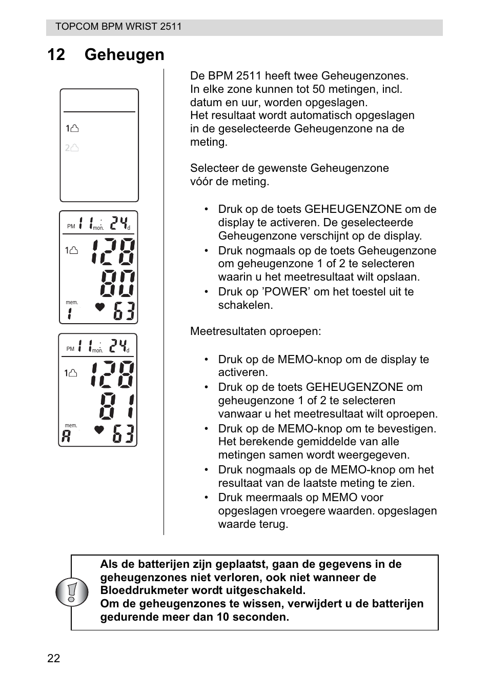 12 geheugen | Topcom BPM WRIST 2511 User Manual | Page 22 / 104