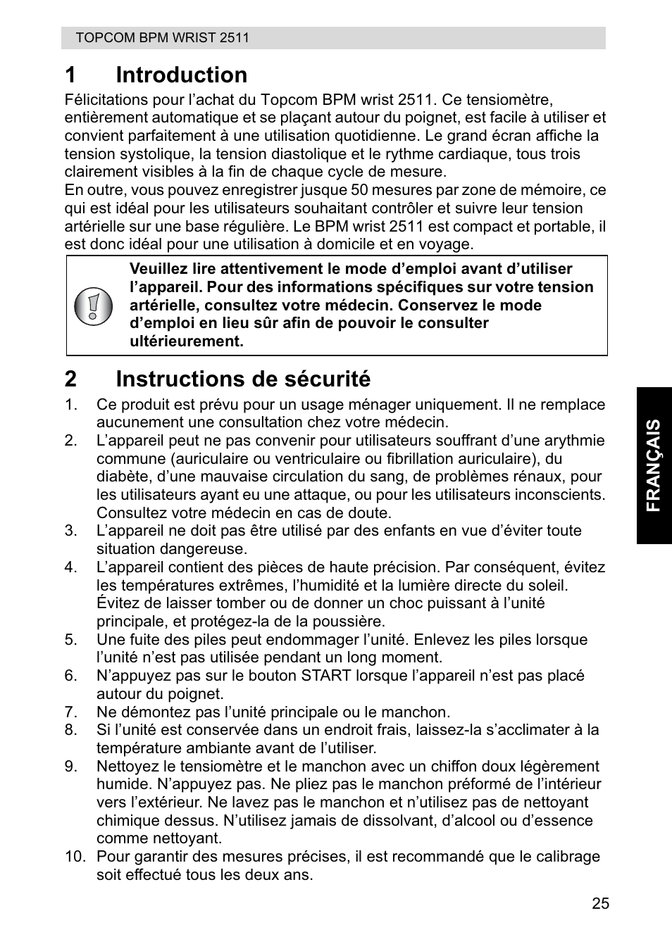 1introduction, 2instructions de sécurité | Topcom BPM WRIST 2511 User Manual | Page 25 / 104