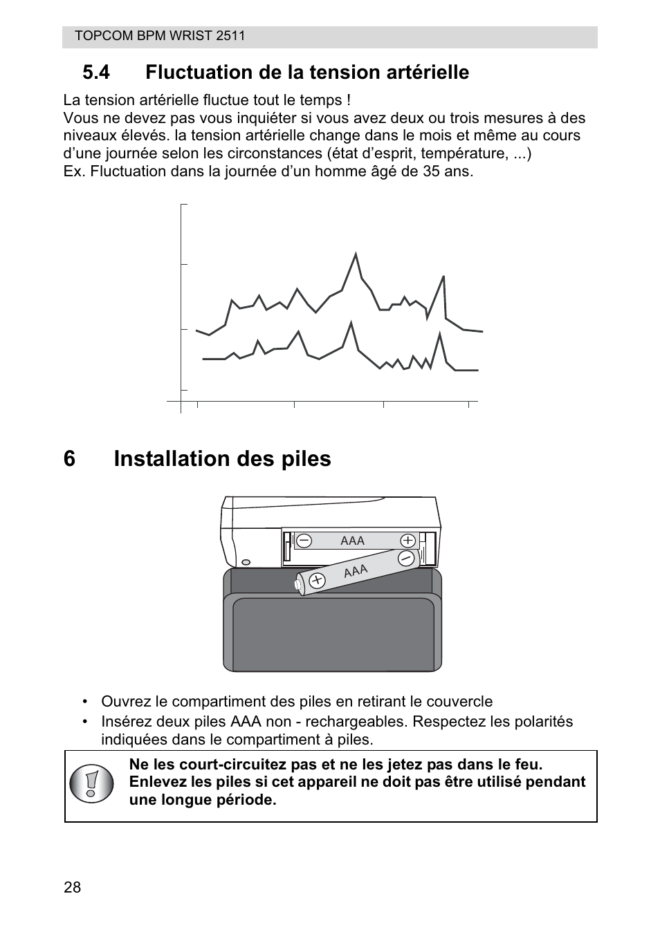 6installation des piles, 4 fluctuation de la tension artérielle | Topcom BPM WRIST 2511 User Manual | Page 28 / 104