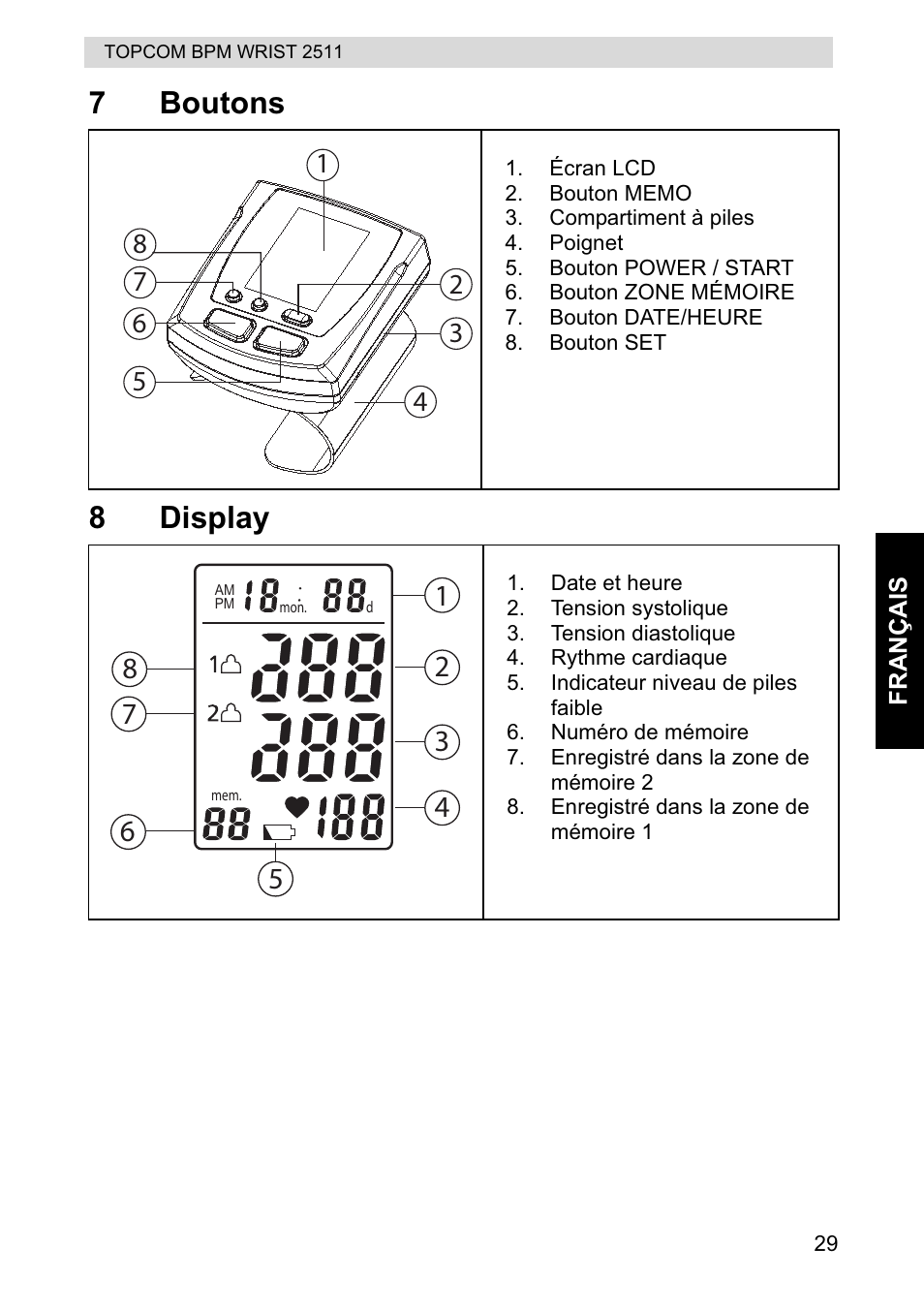 7boutons 8 display | Topcom BPM WRIST 2511 User Manual | Page 29 / 104