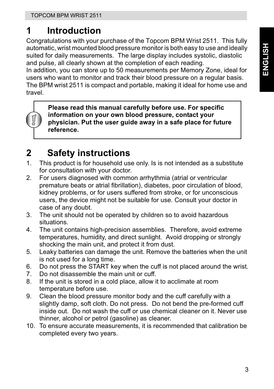 1introduction, 2safety instructions | Topcom BPM WRIST 2511 User Manual | Page 3 / 104