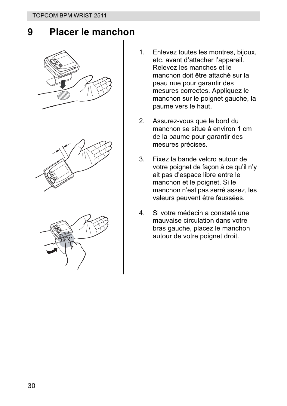 9placer le manchon | Topcom BPM WRIST 2511 User Manual | Page 30 / 104