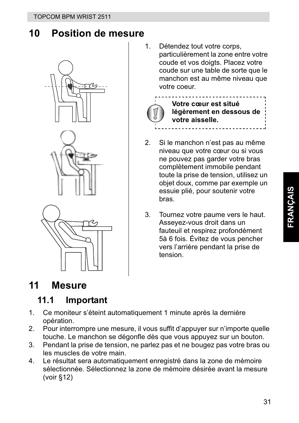10 position de mesure 11 mesure | Topcom BPM WRIST 2511 User Manual | Page 31 / 104