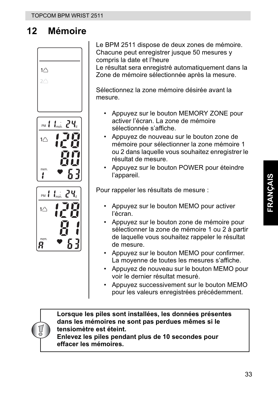 12 mémoire, Franç ais | Topcom BPM WRIST 2511 User Manual | Page 33 / 104
