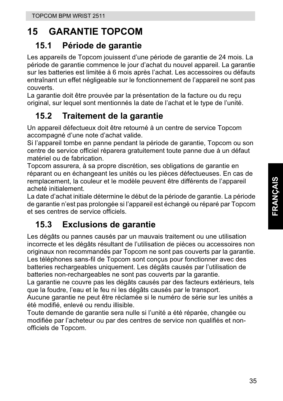 15 garantie topcom | Topcom BPM WRIST 2511 User Manual | Page 35 / 104