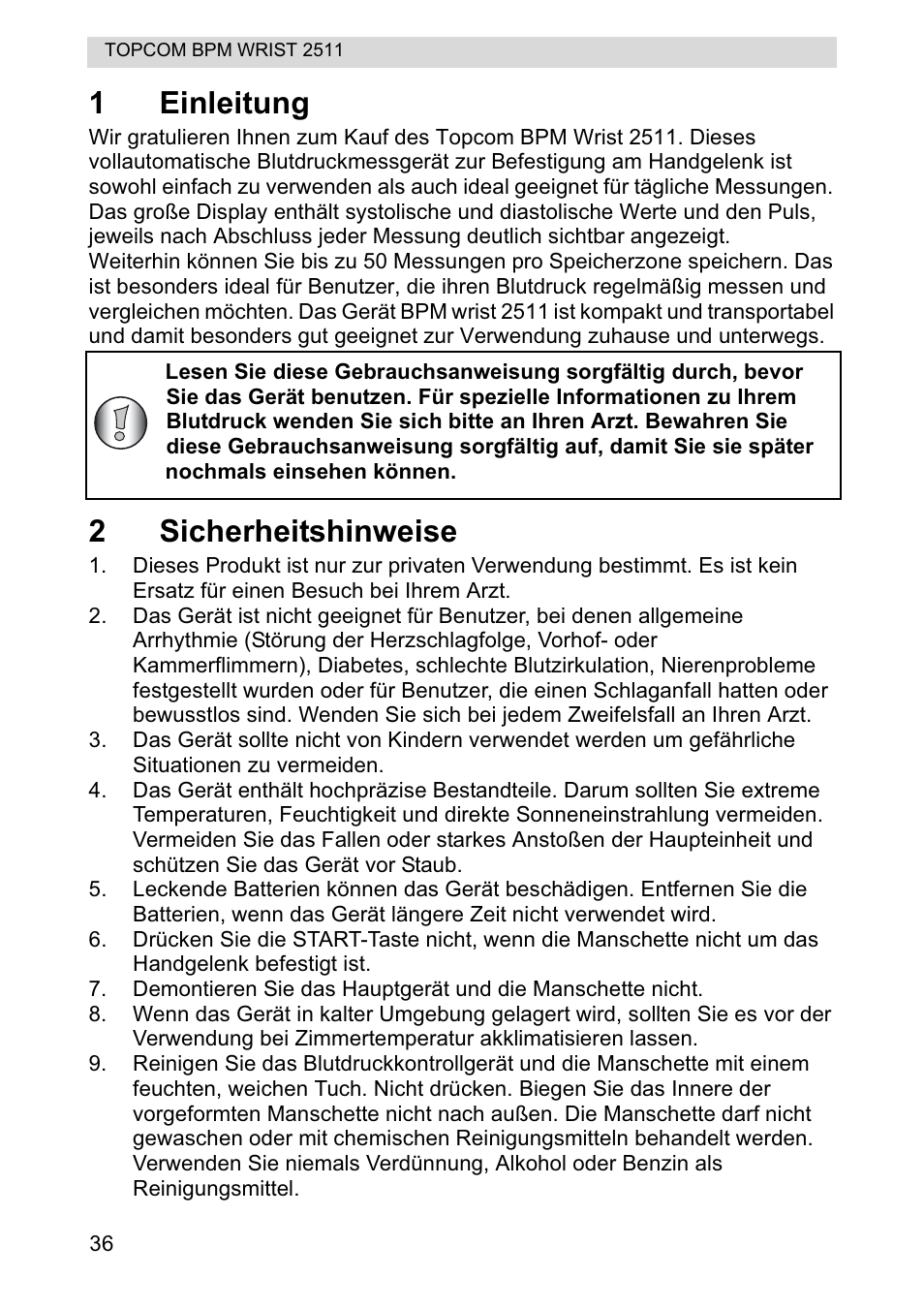 1einleitung, 2sicherheitshinweise | Topcom BPM WRIST 2511 User Manual | Page 36 / 104